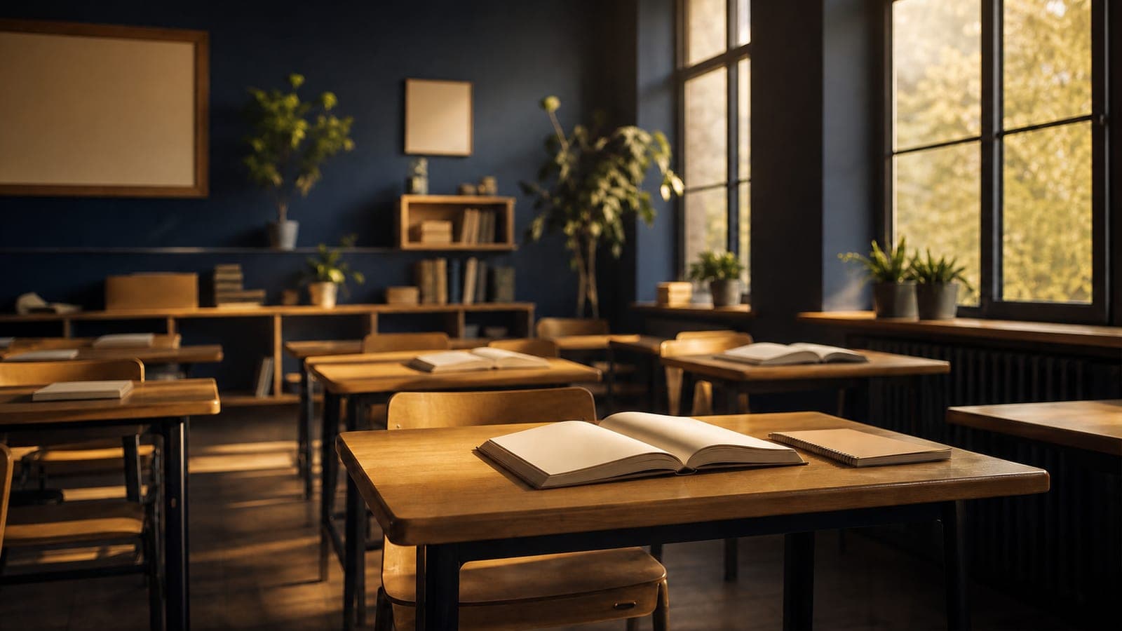 Late afternoon light across an empty classroom