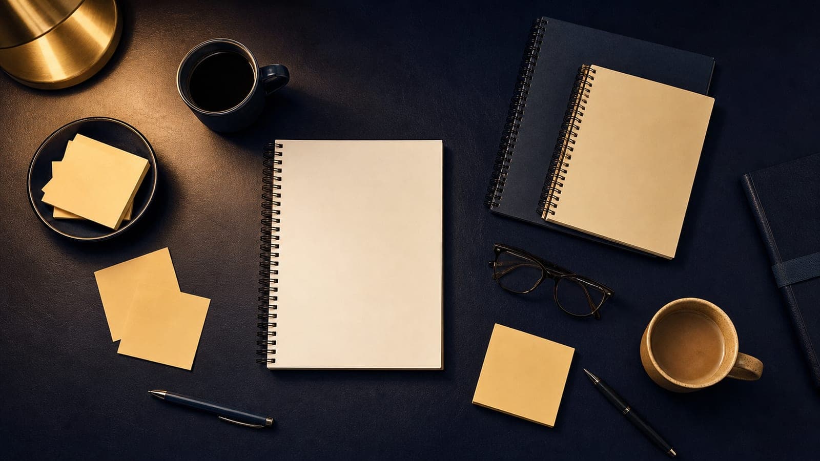 Notebooks, pens and coffee arranged on a dark desk